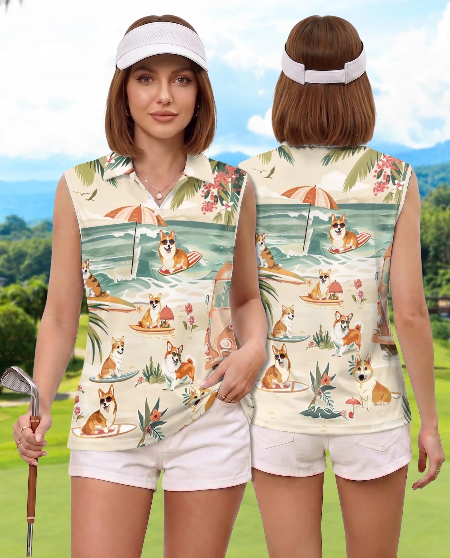 Corgi Summer Beach Sleeveless Polo Shirt for Women | Azhawaiian