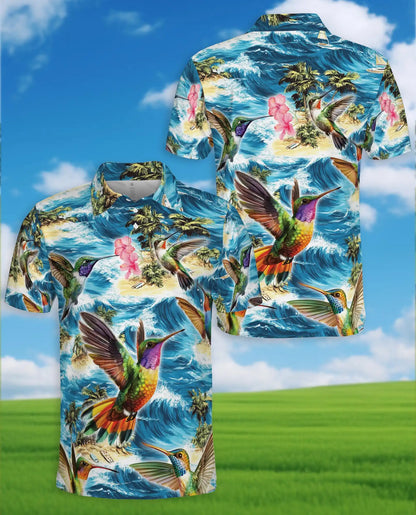 Hummingbird Tropical Polo Shirt, Ocean Wave Print | Azhawaiian