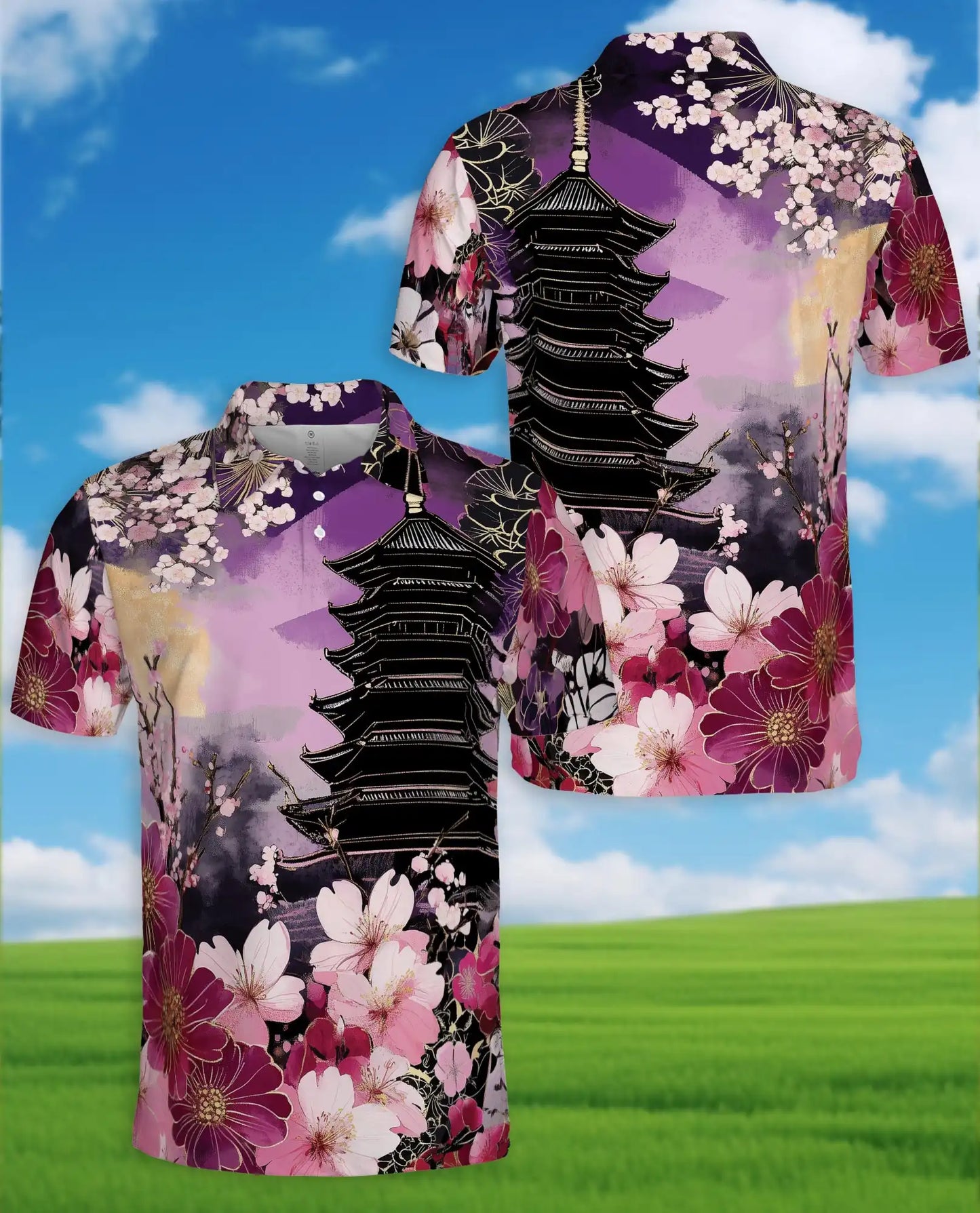 Sakura Pagoda Polo Shirt - Japanese Floral Art Style | Azhawaiian