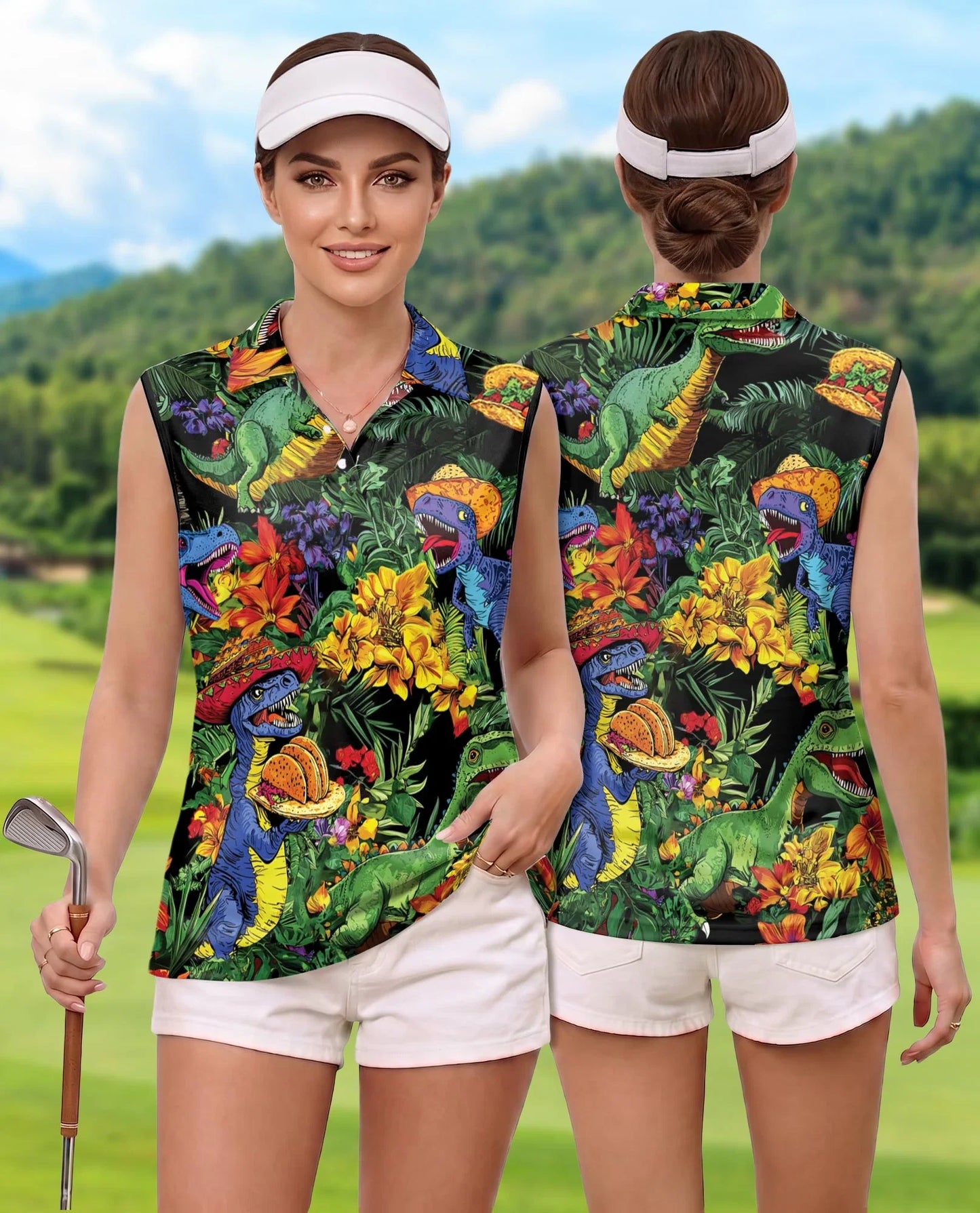 Taco T-Rex Sleeveless Polo Shirt for Women | Azhawaiian