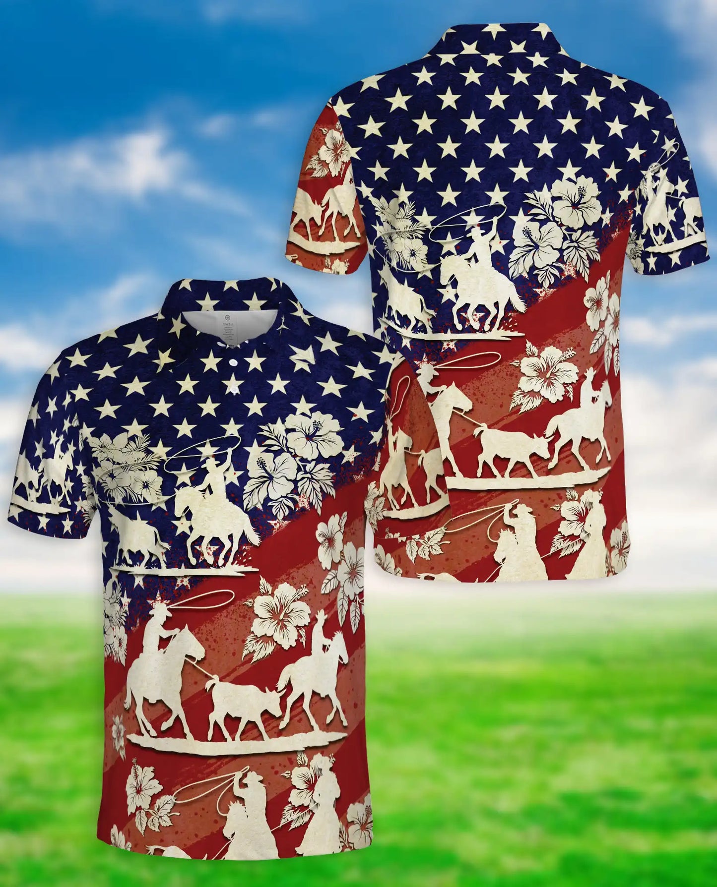 Cowboy Rodeo Polo Shirt, Patriotic Western Print | Azhawaiian