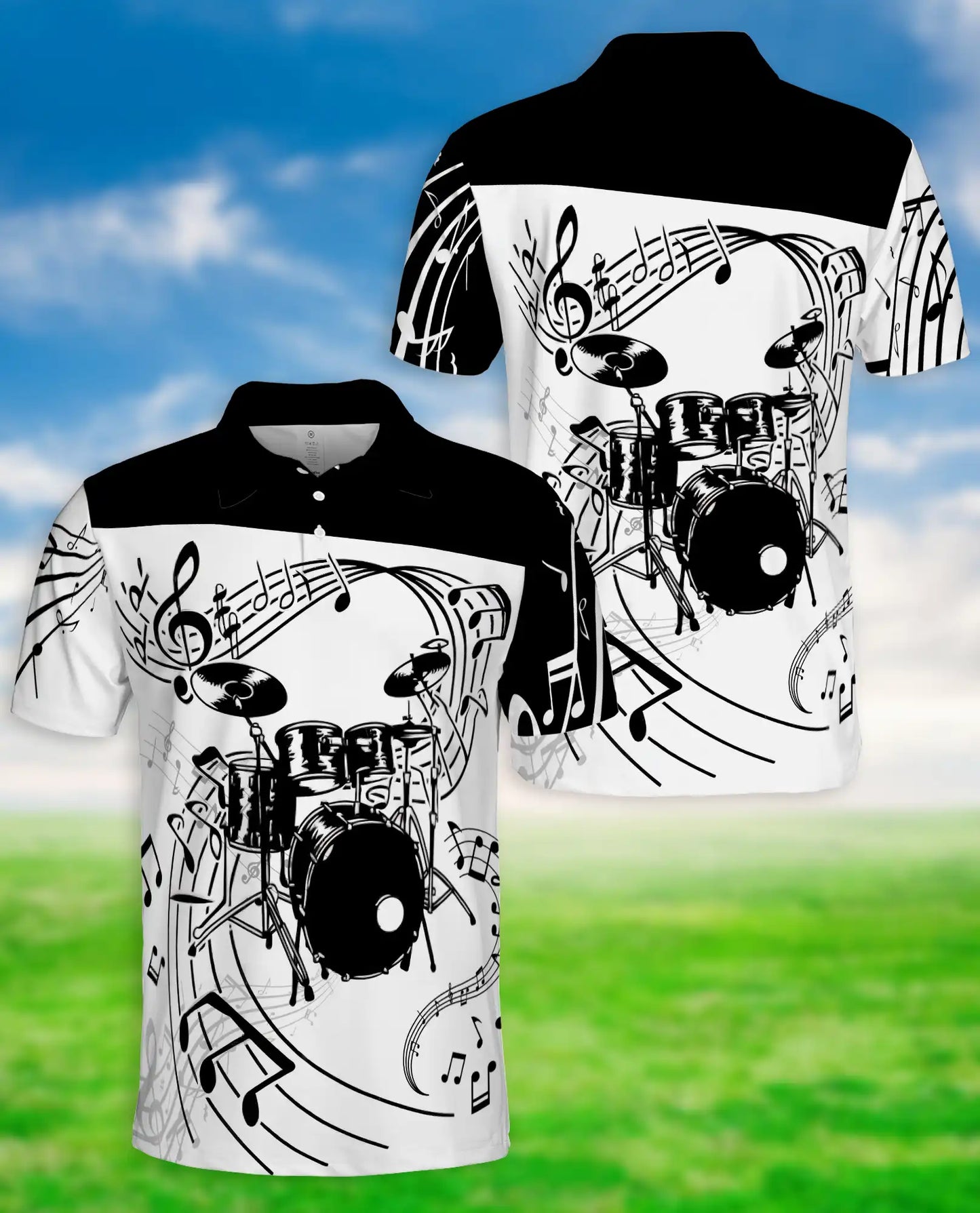 Drum Music 3D Polo Shirt for Men, Black White Band Art Style | Azhawaiian