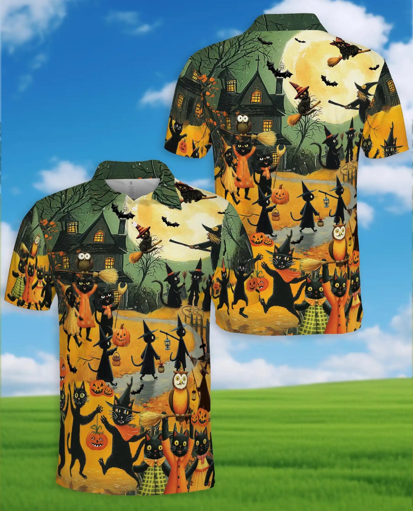 Halloween Cat Parade Polo Shirt for Men, Spooky Black Cats Print | Azhawaiian
