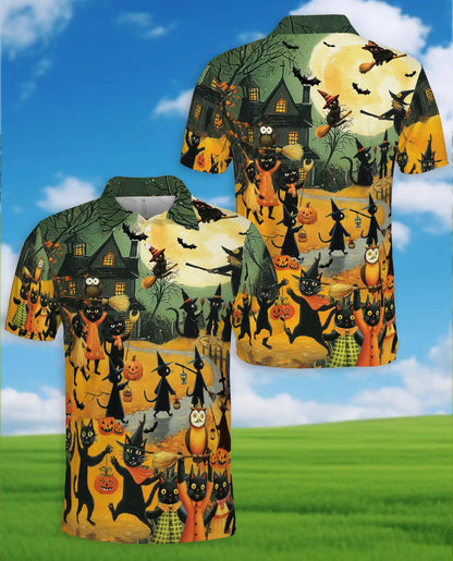 Halloween Cat Parade Polo Shirt for Men, Spooky Black Cats Print | Azhawaiian
