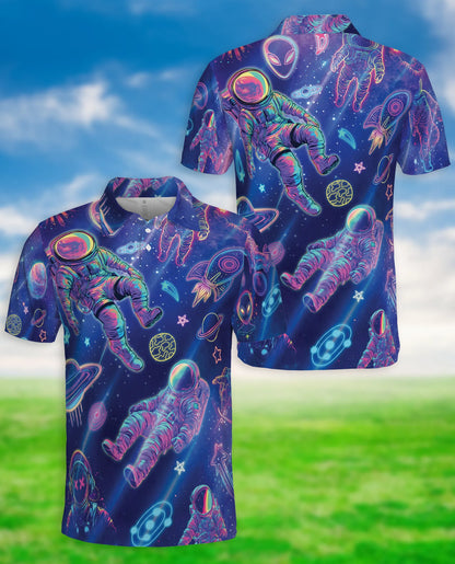 Astronaut Space 3D Polo Shirt for Men, Neon Galaxy Sci-Fi Style | Azhawaiian