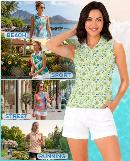 Kiwi Ice Cream Sleeveless Polo Shirt for Women, Cute Fruit Summer Style | Azhawaiian