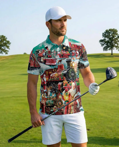Santa Claus Express Polo Shirt for Men, Christmas Holiday Train | Azhawaiian