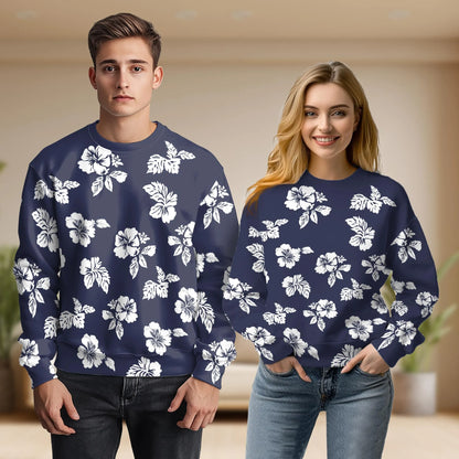 White Hibiscus Pattern Navy Blue Sweatshirt – Tropical 3D All Over Print Design