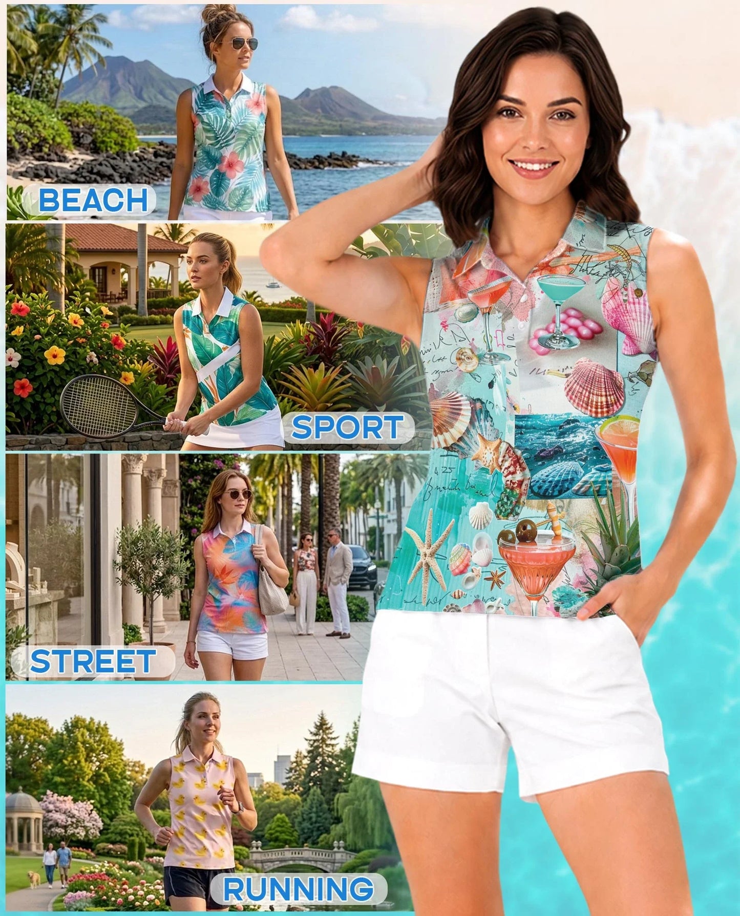 Cocktail Beach Summer Sleeveless Polo Shirt for Women | Azhawaiian