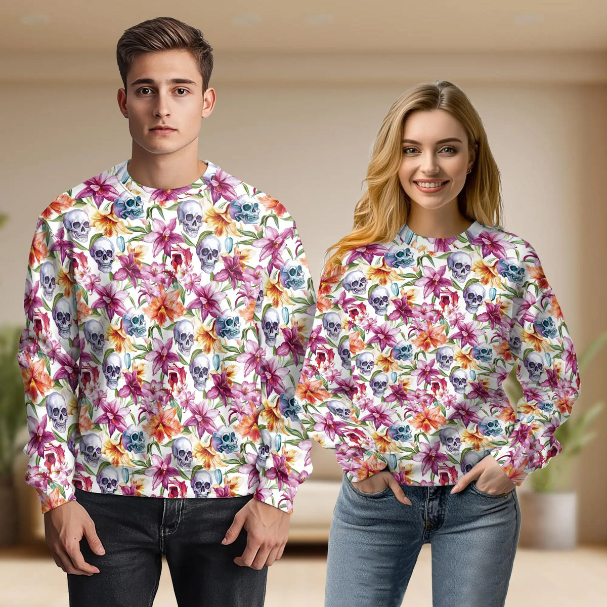 Watercolor Floral Skull Pattern Sweatshirt – Colorful Graphic 3D All Over Print Design