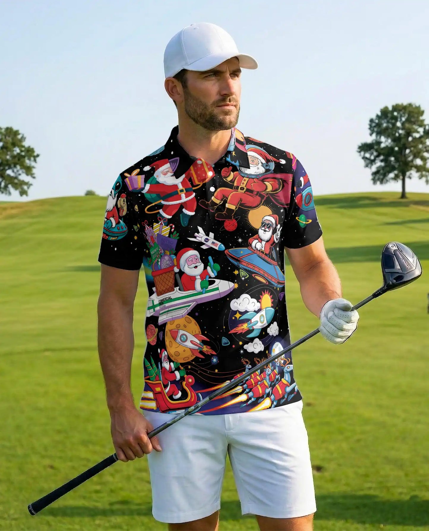 Space Santa Galaxy 3D Polo Shirt for Men, Funny Christmas Astronaut Style | Azhawaiian