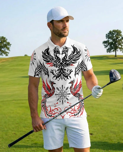 Symmetrical Phoenix Polo Shirt for Men, Mythical Fire Bird Style | Azhawaiian