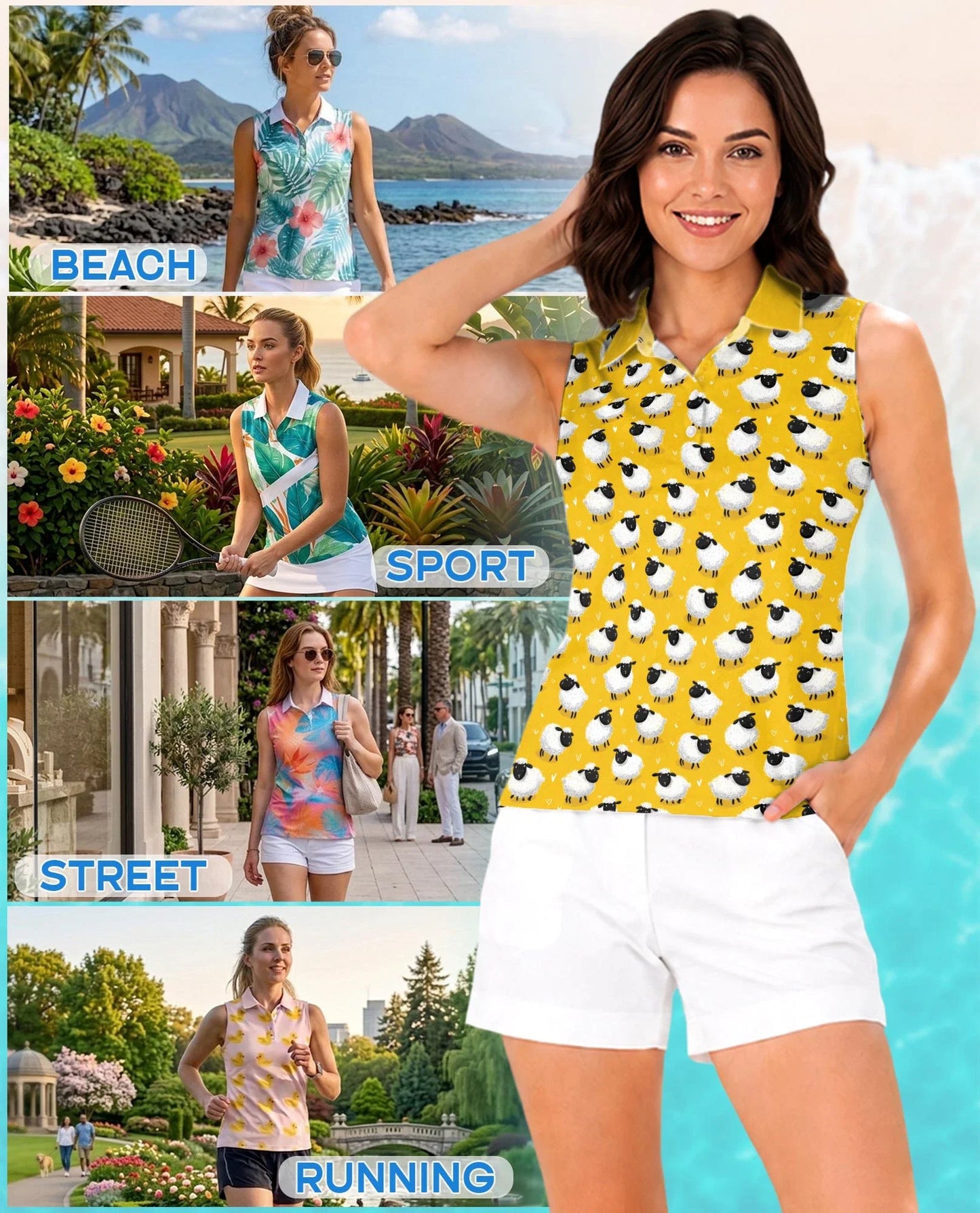 Cute Sheep Sleeveless Polo Shirt for Women, Adorable Farm Animal Style | Azhawaiian