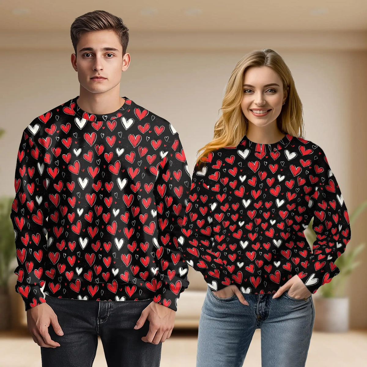 Red and White Heart Pattern Sweatshirt – Colorful Graphic 3D All Over Print Design