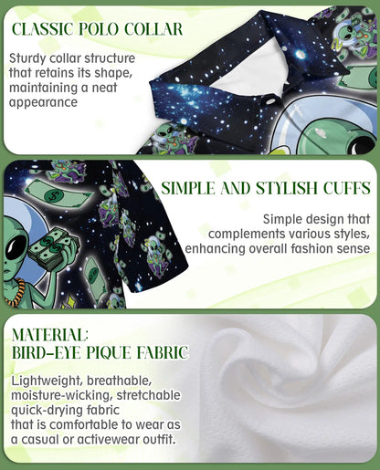 Funny Alien 3D Polo Shirt for Men, Space Cartoon Sci-Fi Style | Azhawaiian