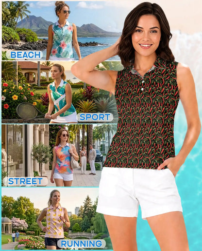 Chilli Pepper Pattern Sleeveless Polo Shirt for Women, Spicy Food Lover Style | Azhawaiian