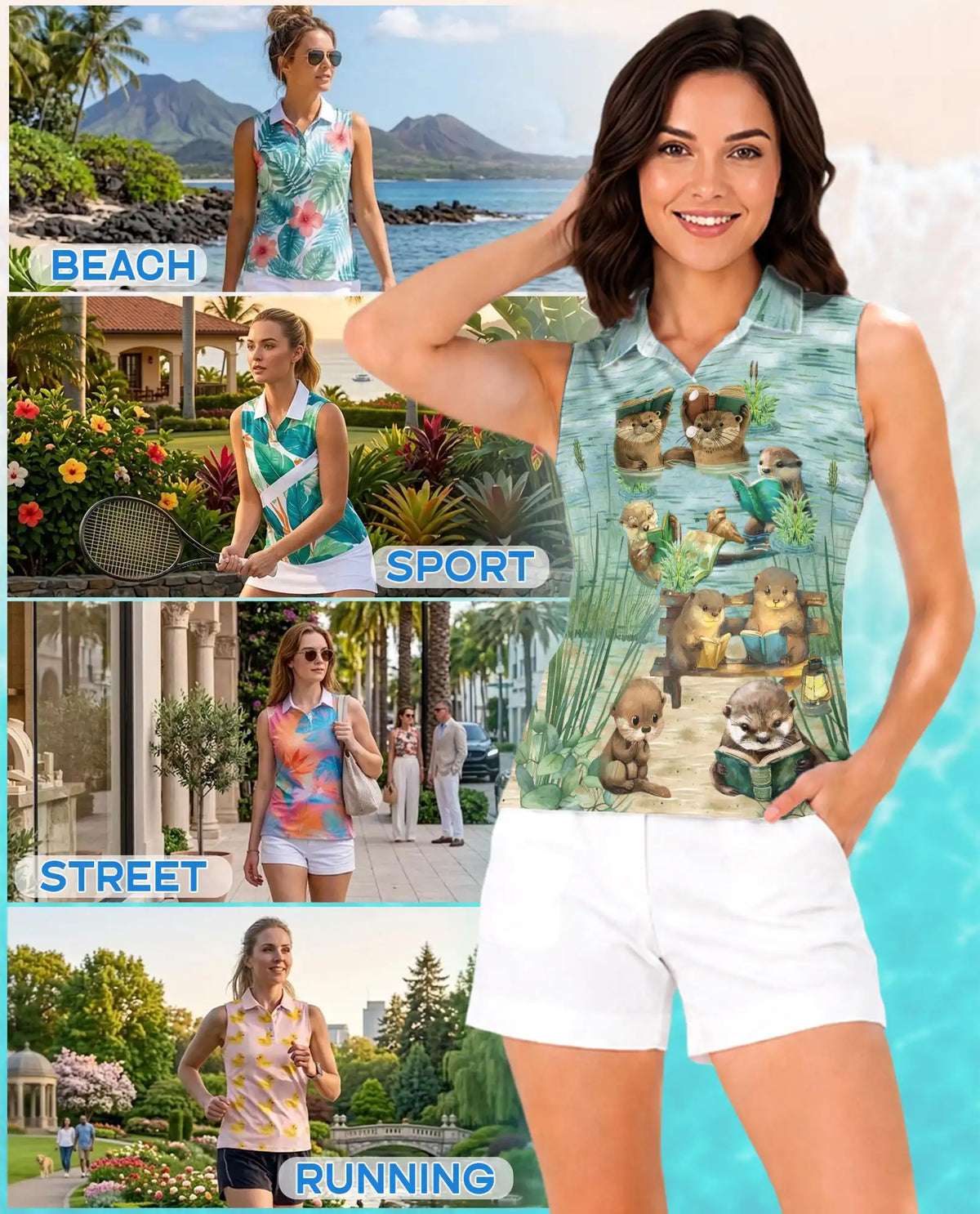 Cute Otter Reading Book Sleeveless Polo Shirt for Women, Animal Lover Style