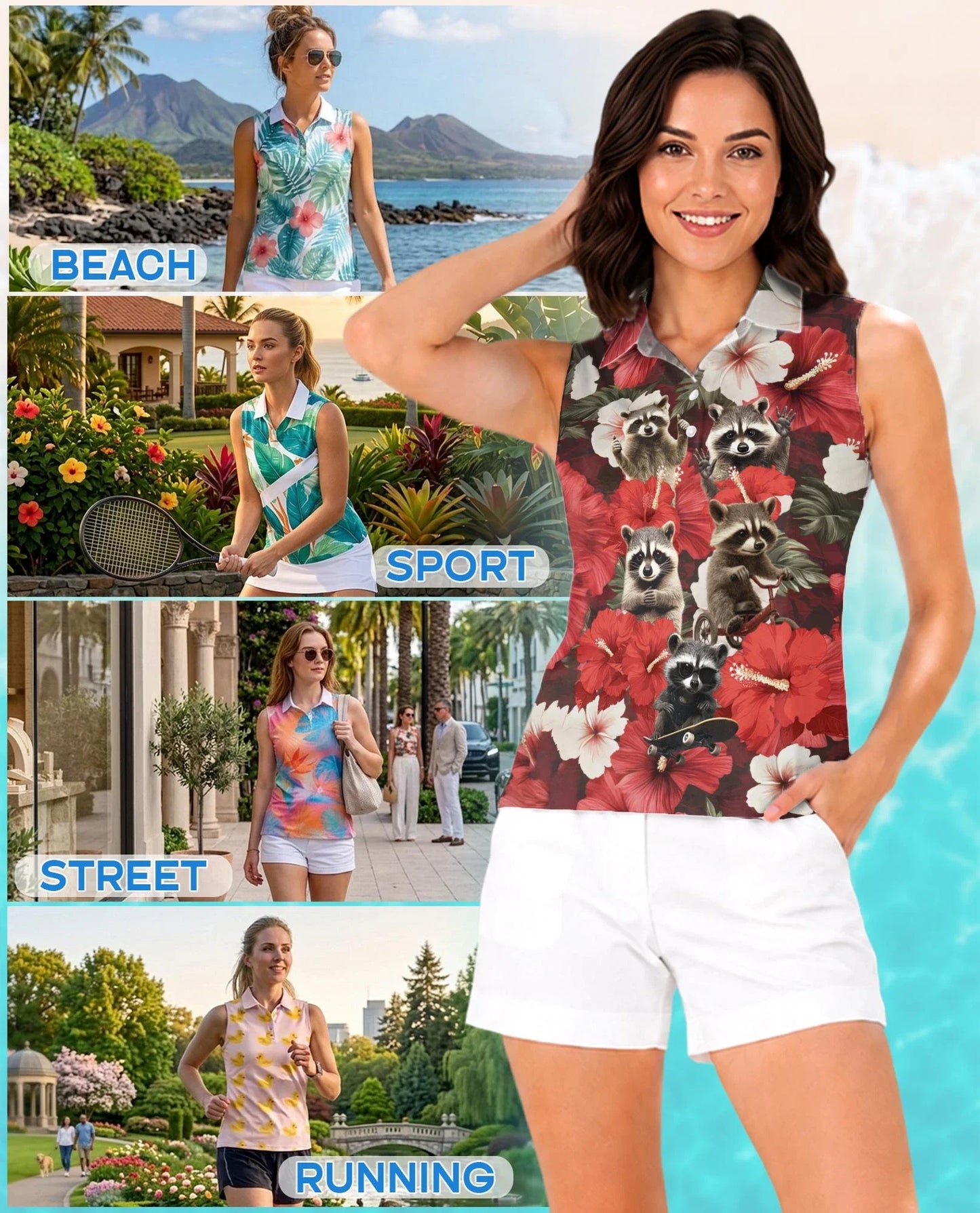 Tropical Hibiscus Raccoon Sleeveless Polo Shirt for Women | Azhawaiian