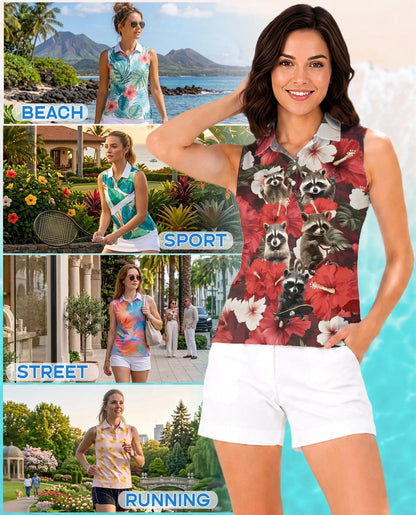 Tropical Hibiscus Raccoon Sleeveless Polo Shirt for Women | Azhawaiian