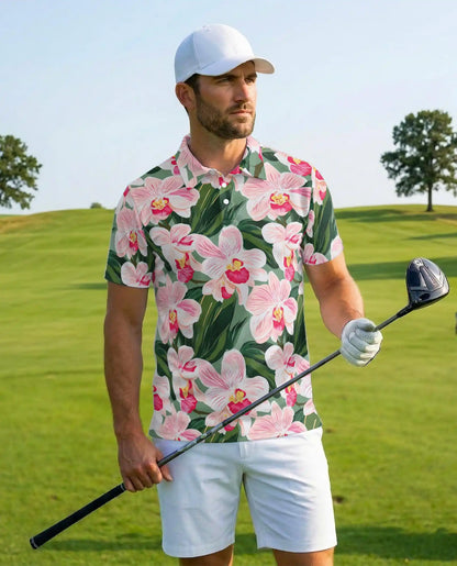 Pink Orchid Polo Shirt for Men, Tropical Floral Style | Azhawaiian