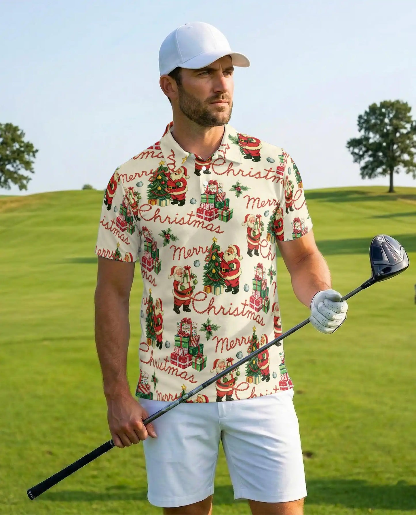 Vintage Merry Christmas 3D Polo Shirt for Men, Retro Santa Holiday Style | Azhawaiian