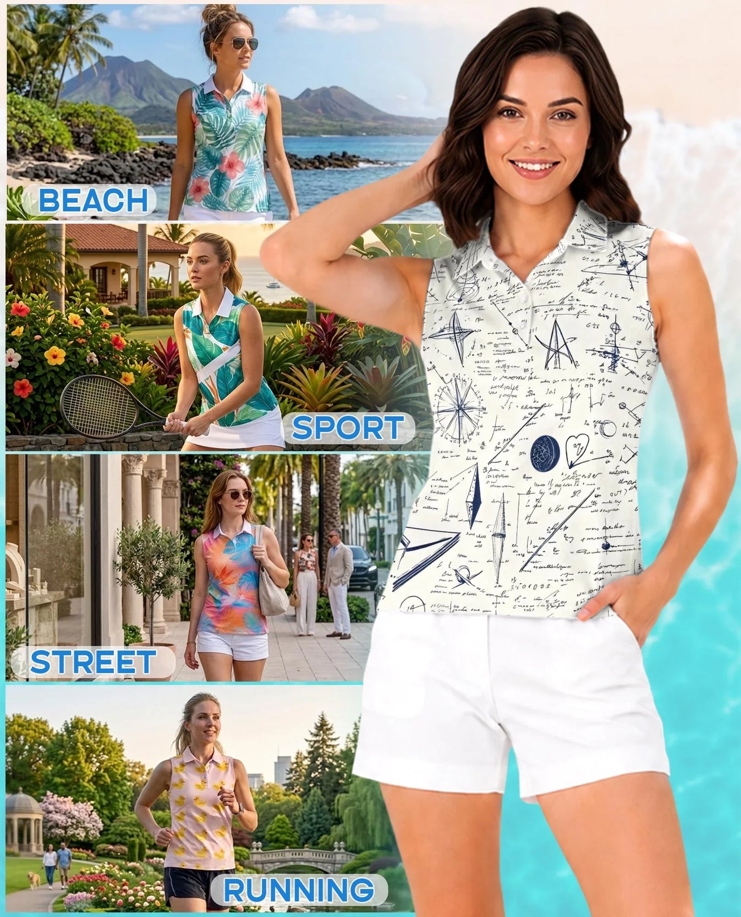 Vintage Manuscript Print Sleeveless Polo Shirt for Women | Azhawaiian