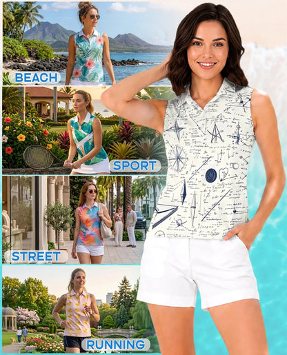 Vintage Manuscript Print Sleeveless Polo Shirt for Women | Azhawaiian