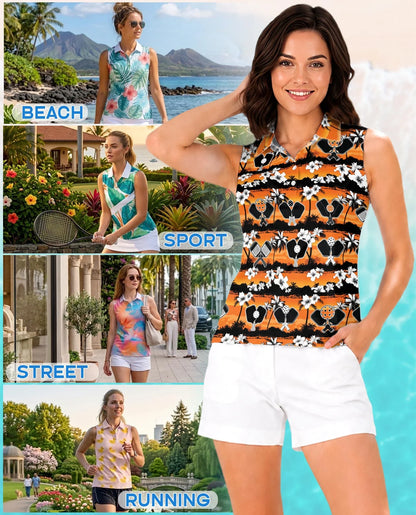 Pickleball Tropical Rhombus Pattern Sleeveless Polo Shirt for Women | Azhawaiian