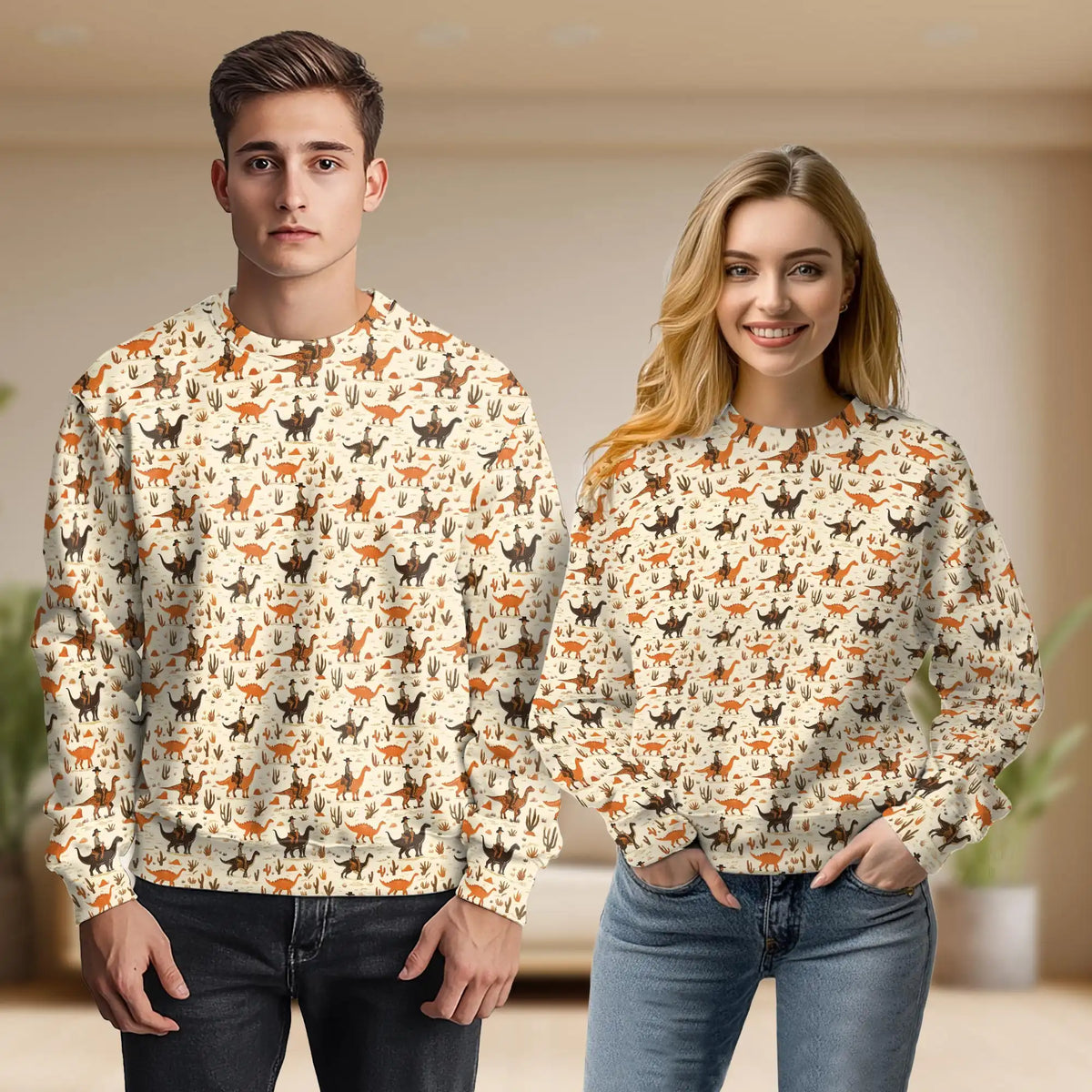 Cowboy Riding Dinosaur Sweatshirt – Colorful Graphic 3D All Over Print Design