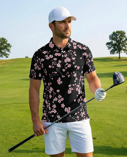 Pink Cherry Blossom Polo Shirt - Elegant Sakura Floral Style | Azhawaiian