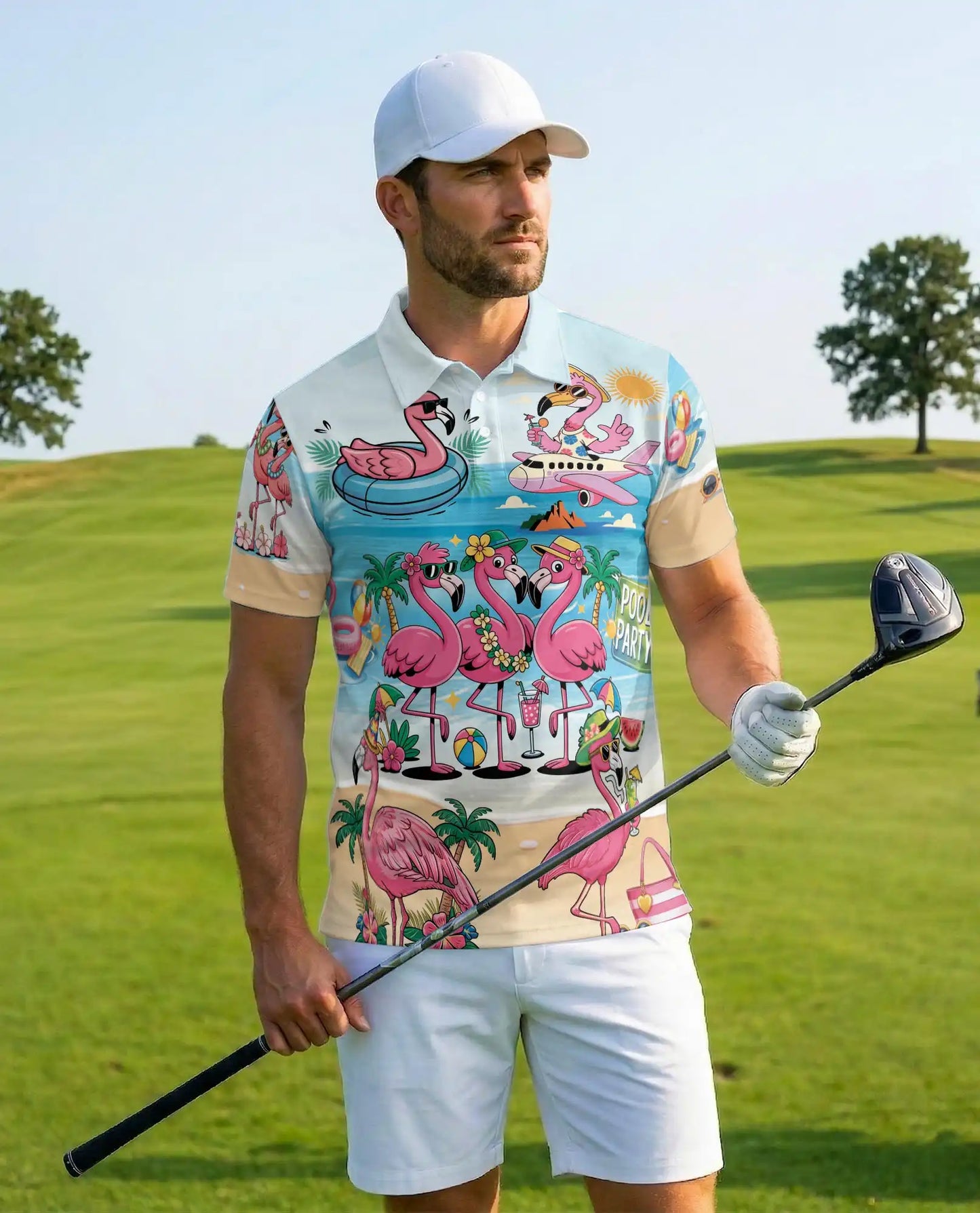 Flamingo Pool Party Polo Shirt for Men - Print Flamingo Party Shirt | Azhawaiian