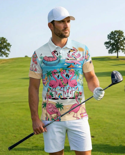 Flamingo Pool Party Polo Shirt for Men - Print Flamingo Party Shirt | Azhawaiian