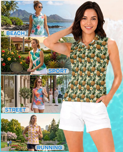 Golden Pineapple Sleeveless Polo Shirt for Women | Azhawaiian