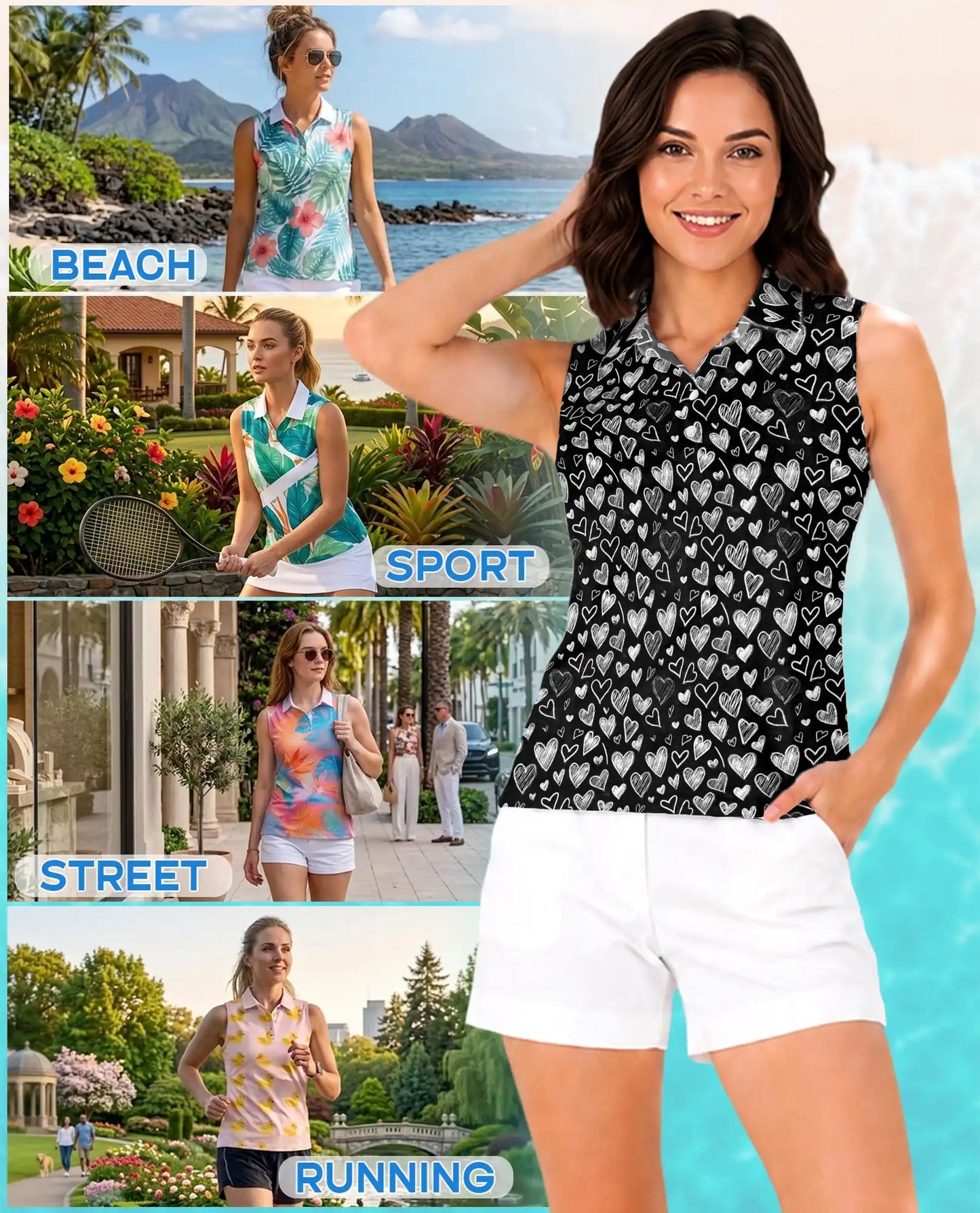 Love Heart Sleeveless Polo Shirt for Women, Cute Romantic Style | Azhawaiian
