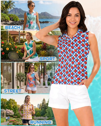 Tomato Gingham Pattern Sleeveless Polo Shirt for Women | Azhawaiian