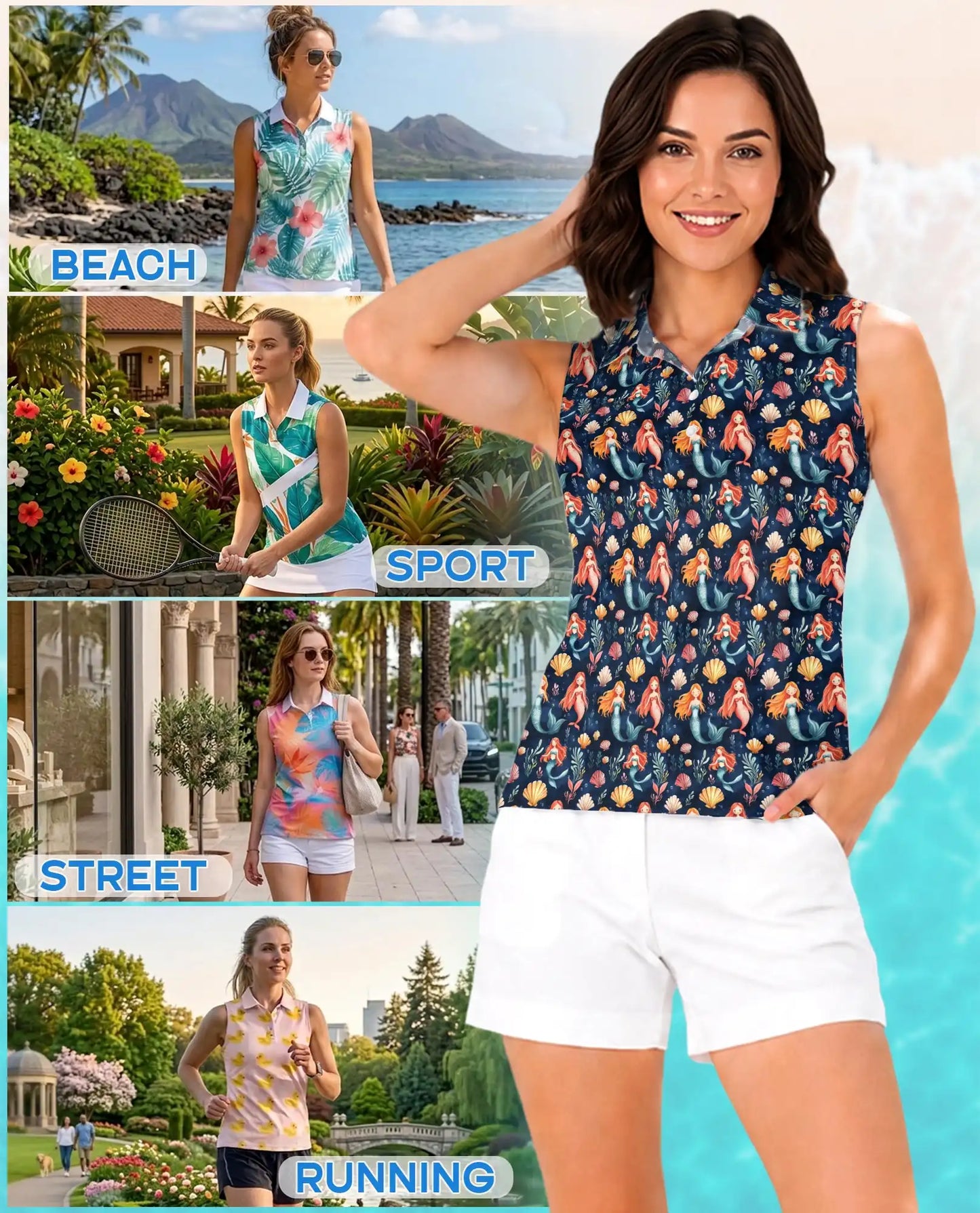 Under The Sea Mermaid Sleeveless Polo Shirt for Women, Ocean Fantasy Style | Azhawaiian