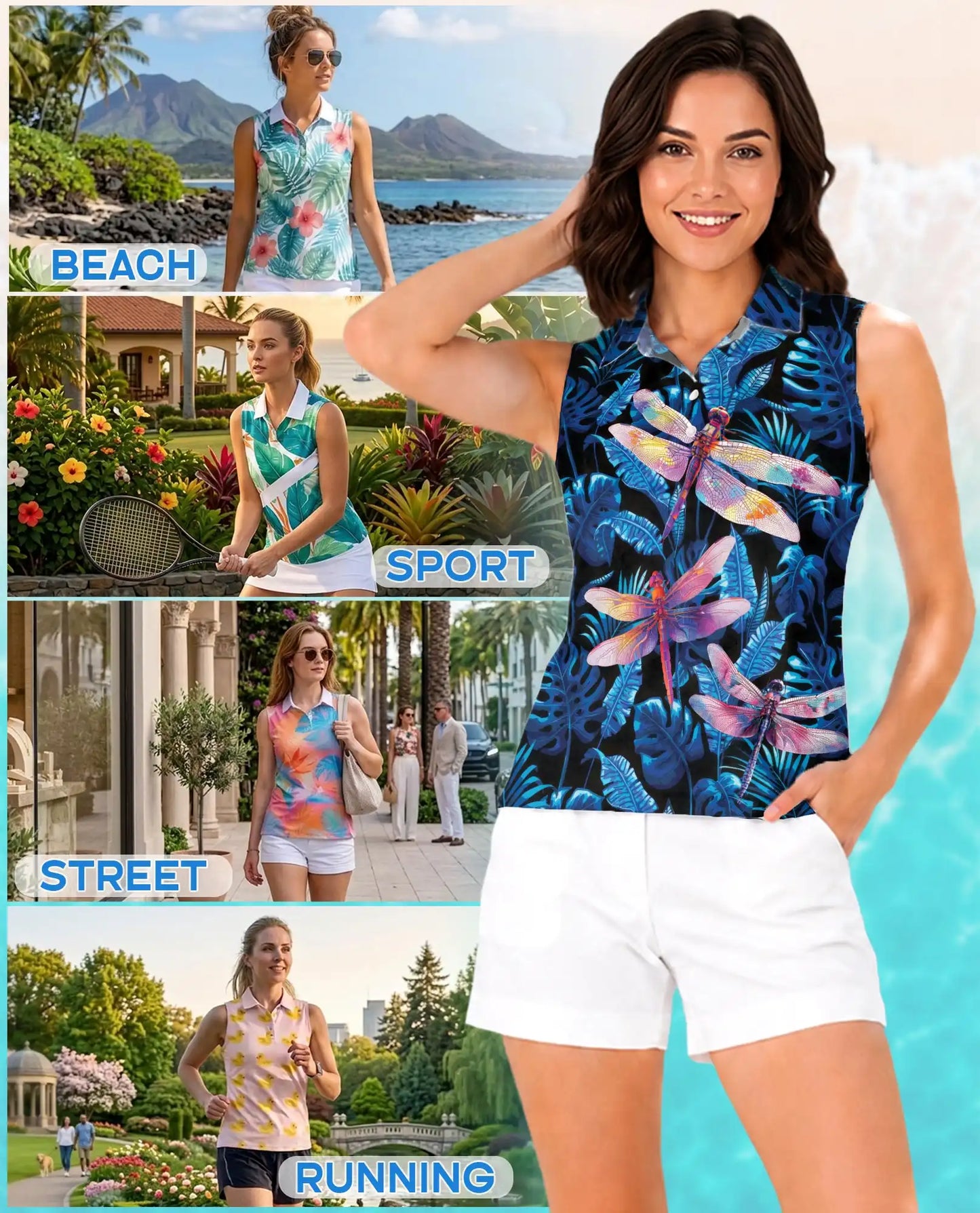 Amazing Dragonfly Blue Tropical Sleeveless Polo Shirt for Women | Azhawaiian
