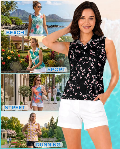 Japanese Sakura Cherry Blossom Sleeveless Polo Shirt for Women | Azhawaiian