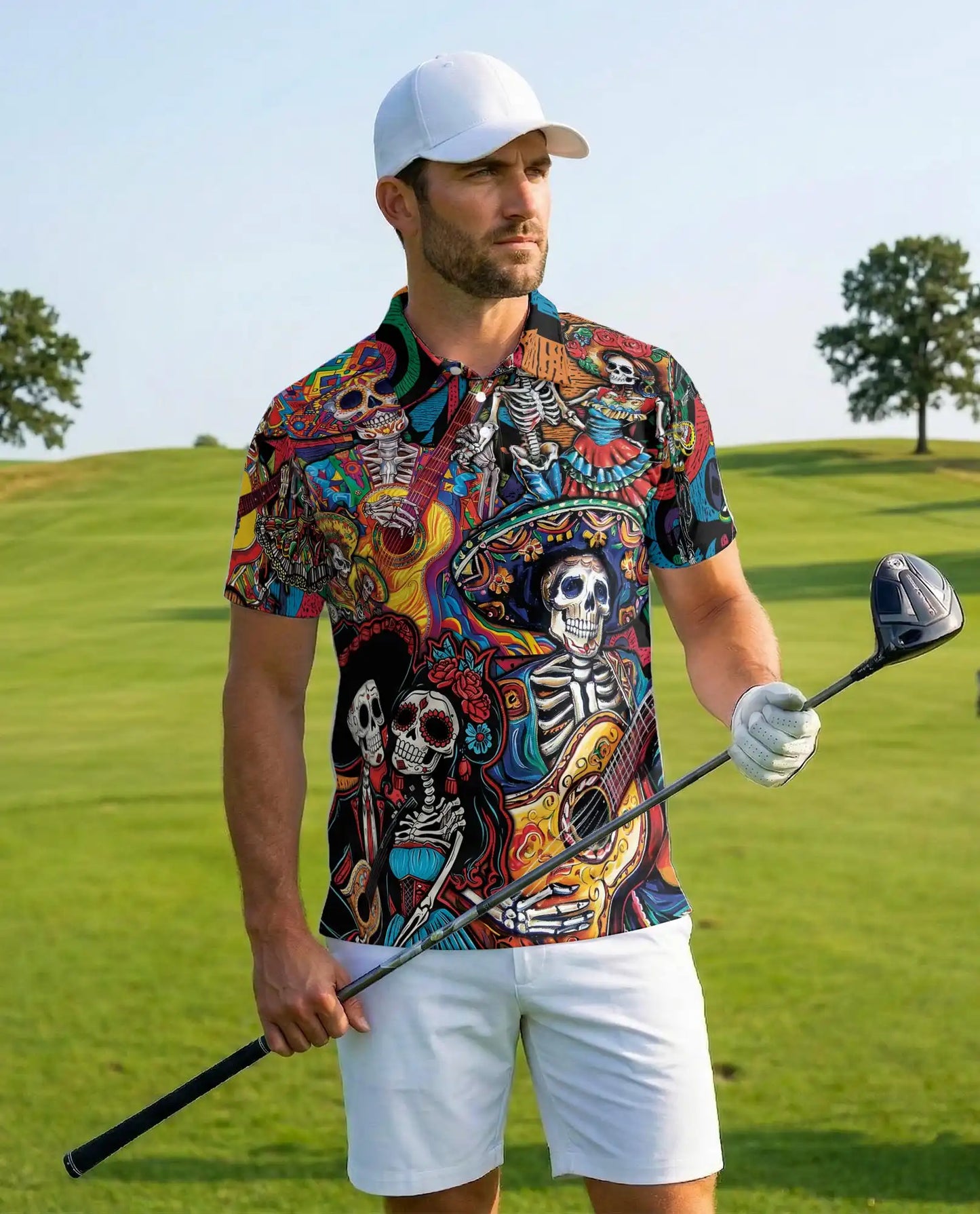 Dia de los Muertos Guitar Polo Shirt - Colorful Fiesta Style | Azhawaiian