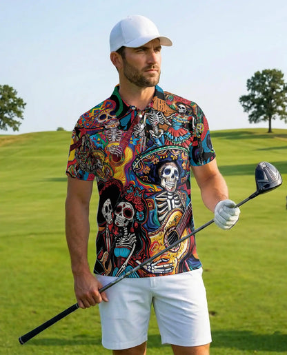 Dia de los Muertos Guitar Polo Shirt - Colorful Fiesta Style | Azhawaiian