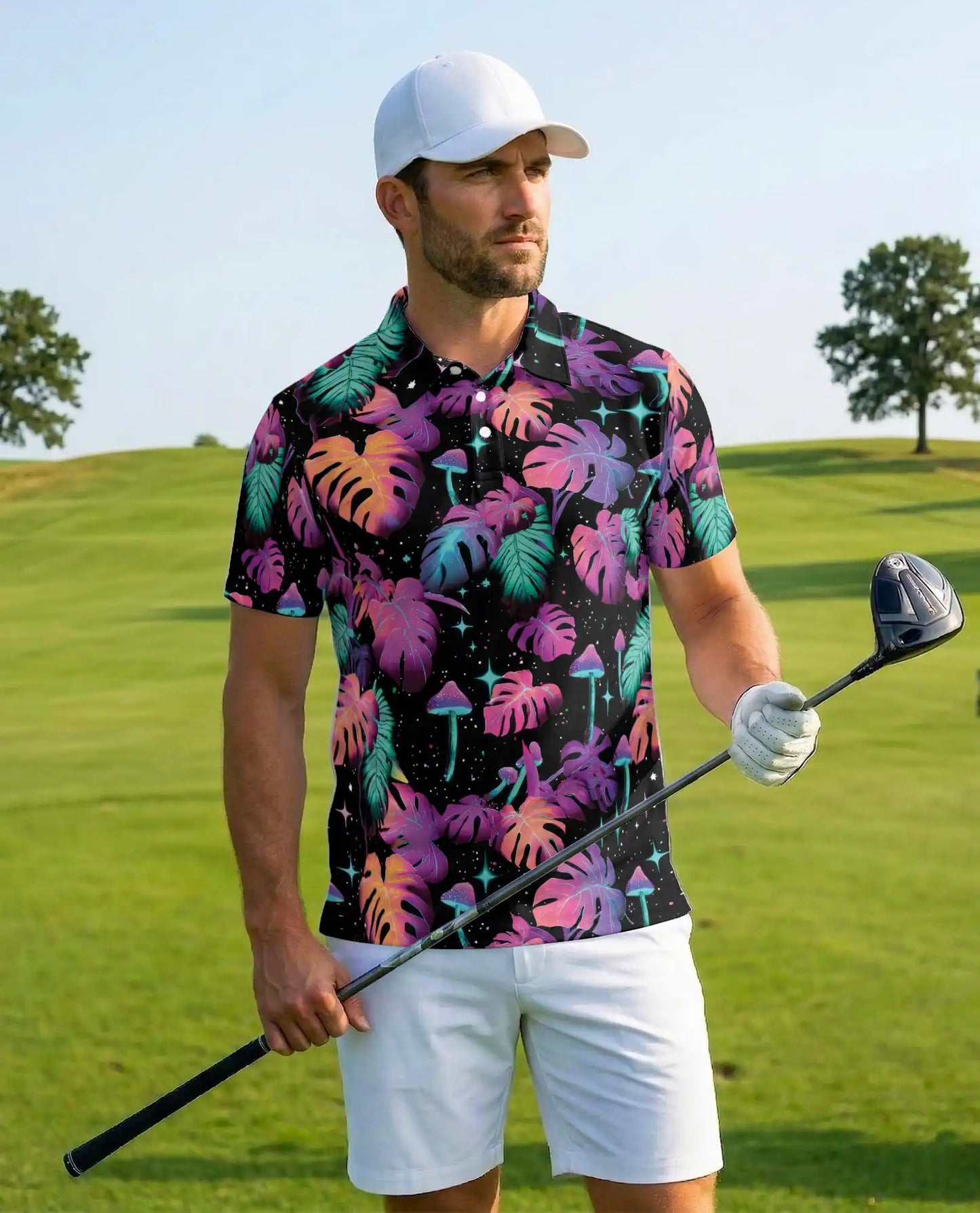 Neon Tropical Leaves Polo Shirt - Psychedelic Mushroom Style | Azhawaiian