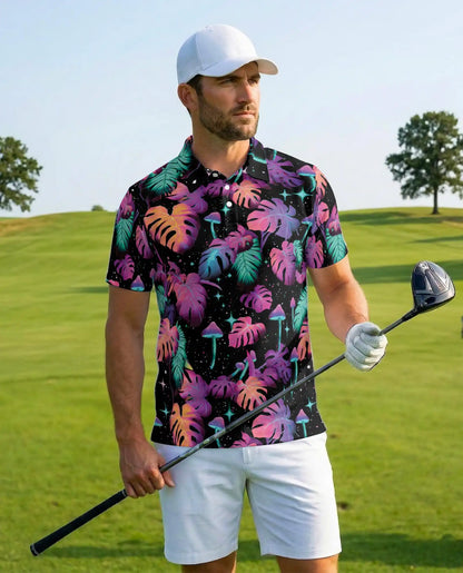 Neon Tropical Leaves Polo Shirt - Psychedelic Mushroom Style | Azhawaiian