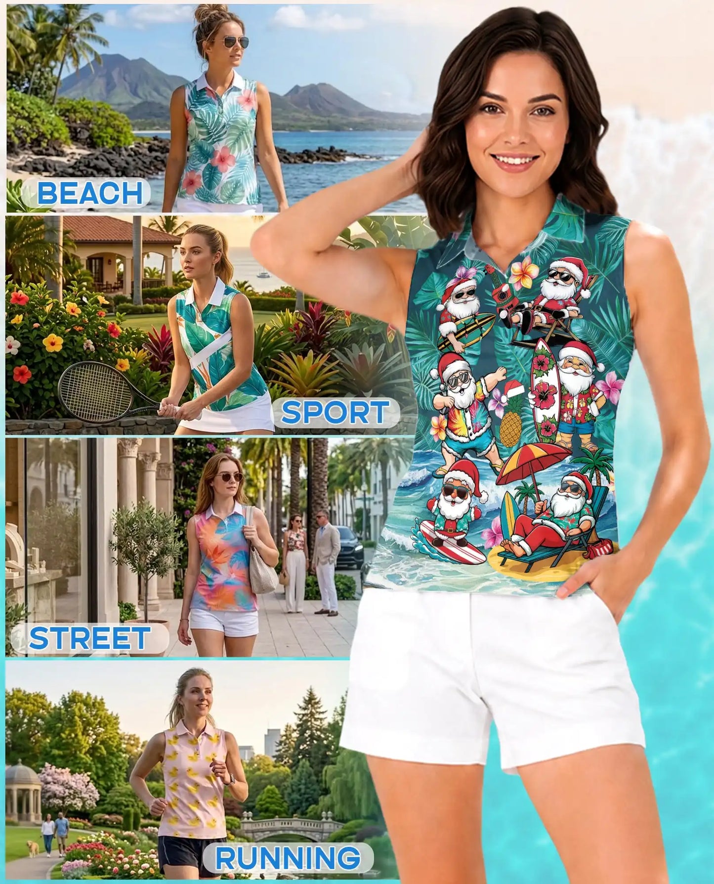 Surf's Up Santa Sleeveless Polo Shirt for Women, Christmas Beach Style | Azhawaiian