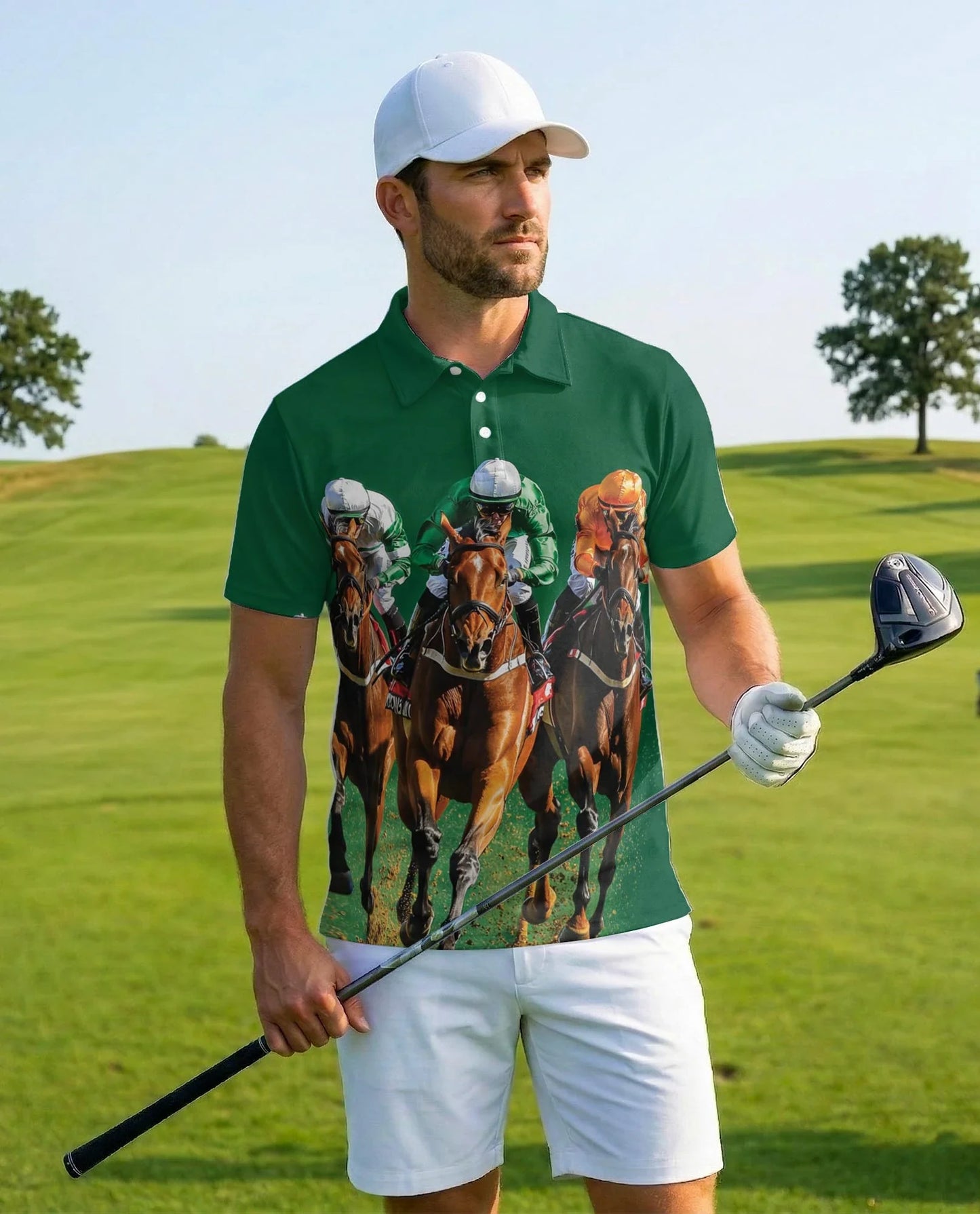 Green Horse Racing Polo Shirt for Men, Equestrian Sport Style | Azhawaiian