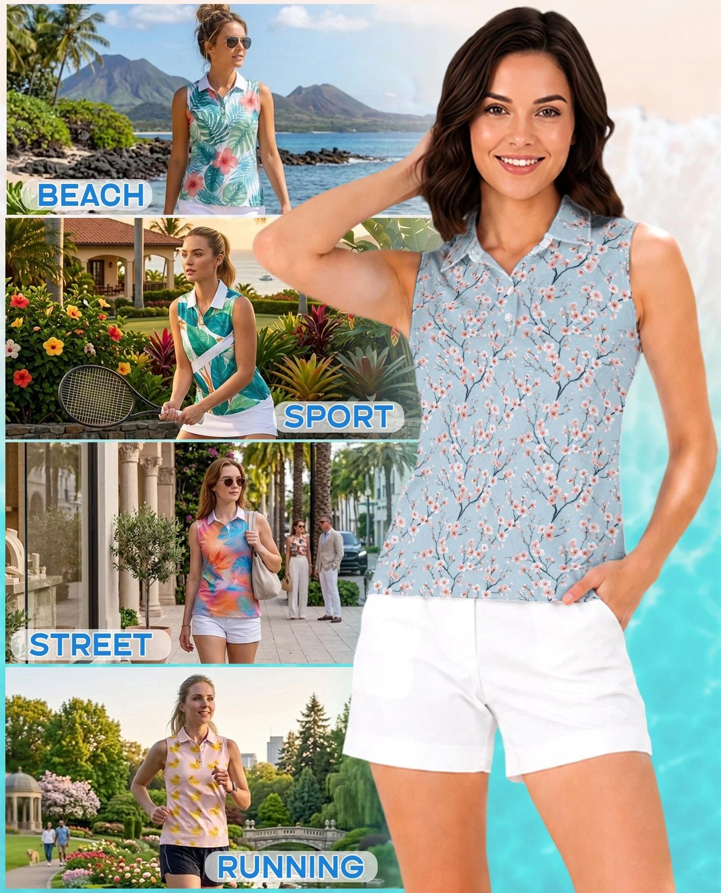Japanese Sakura Sleeveless Polo Shirt for Women, Elegant Cherry Blossom Style | Azhawaiian