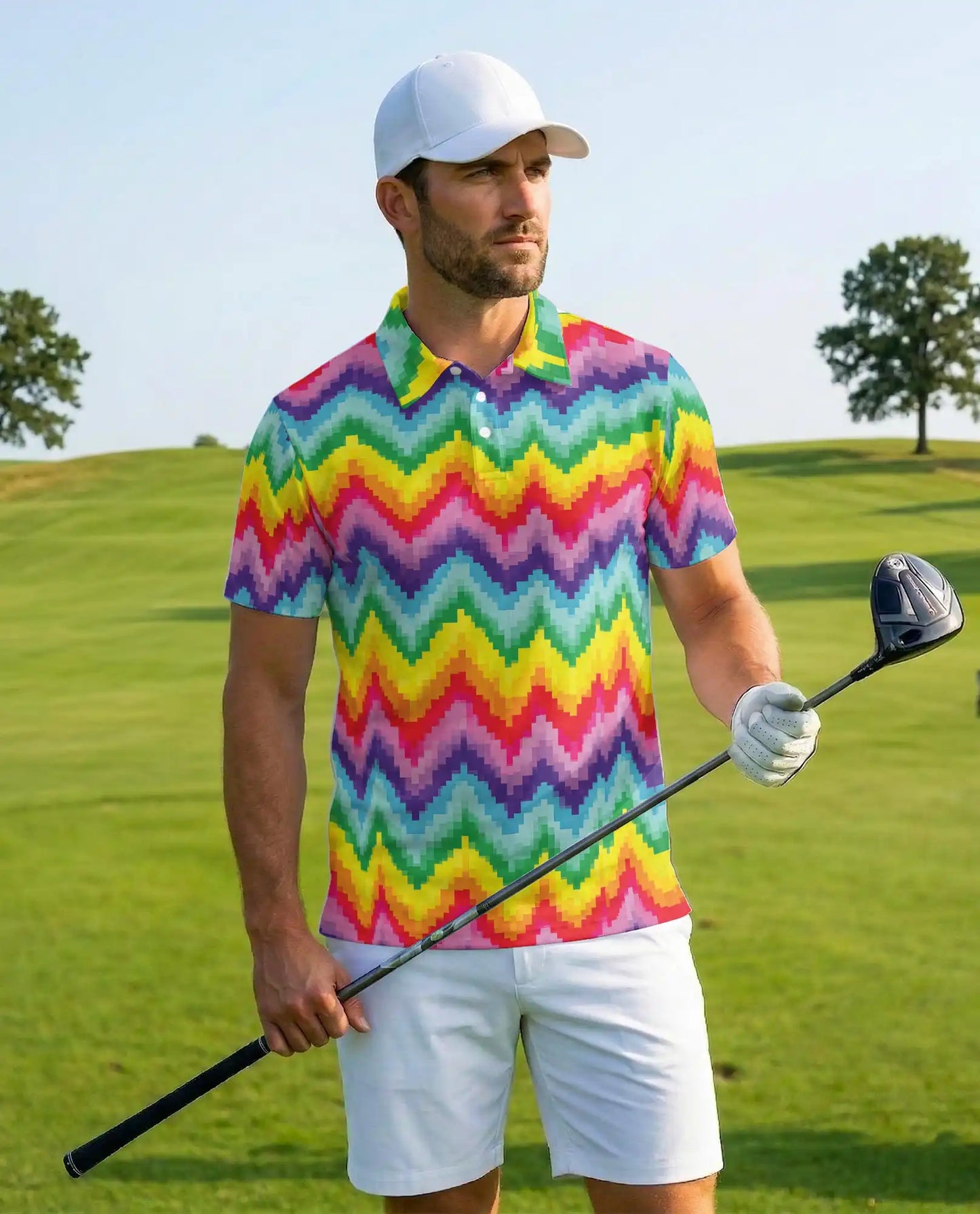 Rainbow Zigzag Polo Shirt for Men, Colorful Retro Style | Azhawaiian
