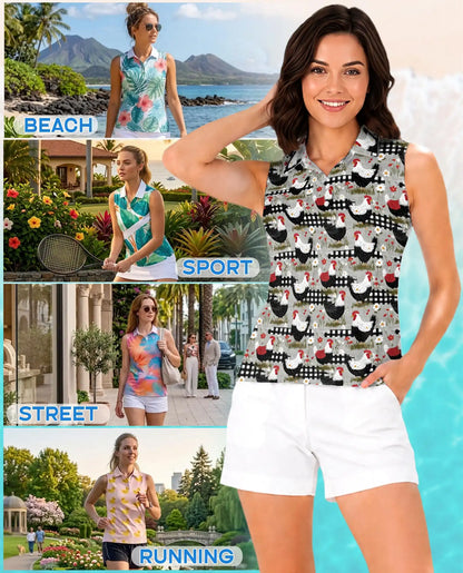 Chicken And Fence Sleeveless Polo Shirt for Women  | Azhawaiian