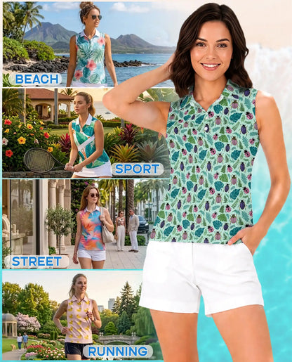 Beetle And Tropical Leaf Sleeveless Polo Shirt for Women  | Azhawaiian