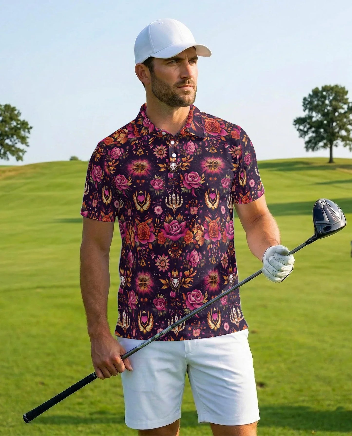 Kaleidoscope Rose Polo Shirt for Men, Colorful Floral Art Style | Azhawaiian