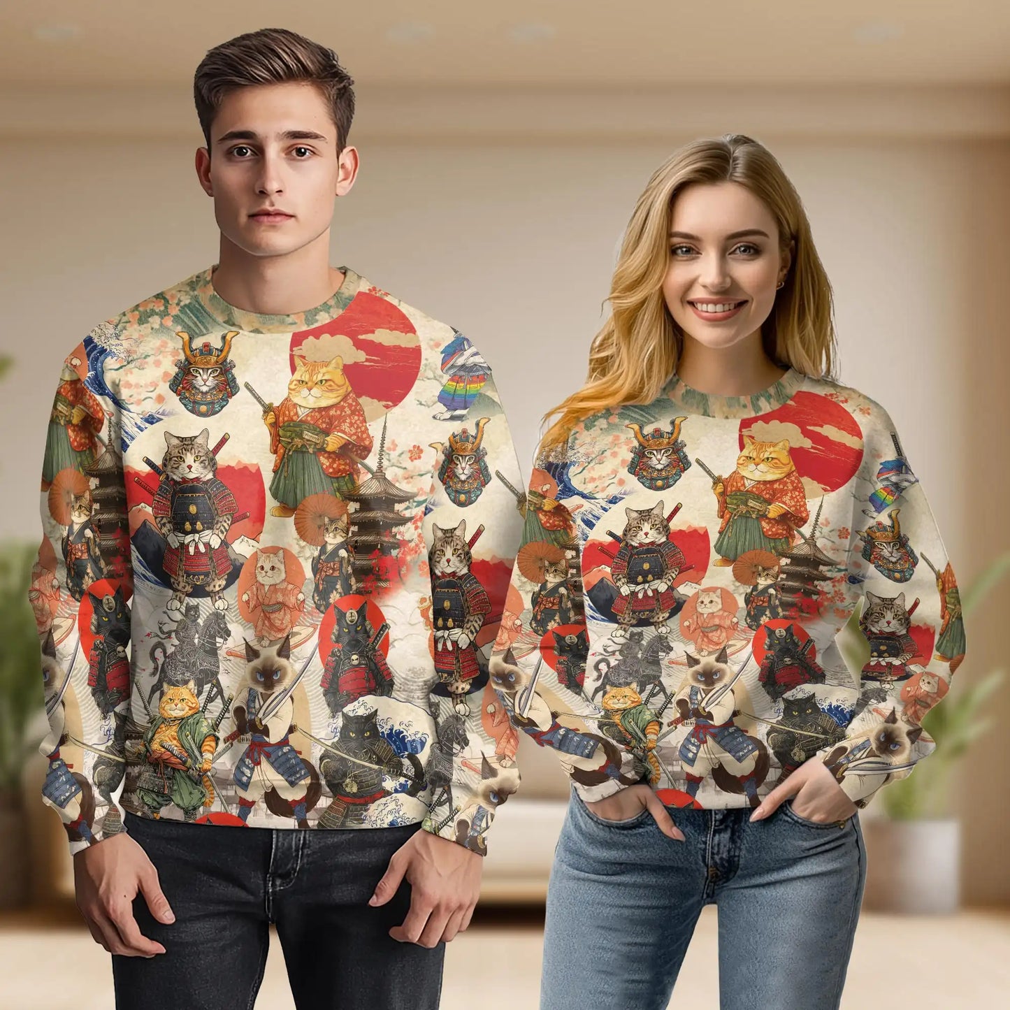 Japanese Samurai Cat Sweatshirt – Colorful Graphic 3D All Over Print Design